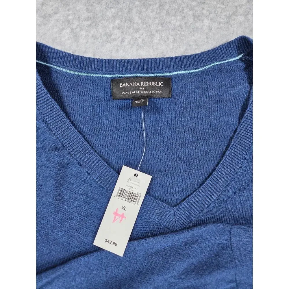 NWT Banana Republic Men XL Luxe V-Neck Sweater Blue Pullover Knit Lightweight